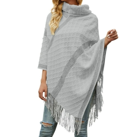 Cozy Knitted Pullover Poncho Sweater Vegan Fur Collar Fringe Tassle GRAY - Picture 1 of 9